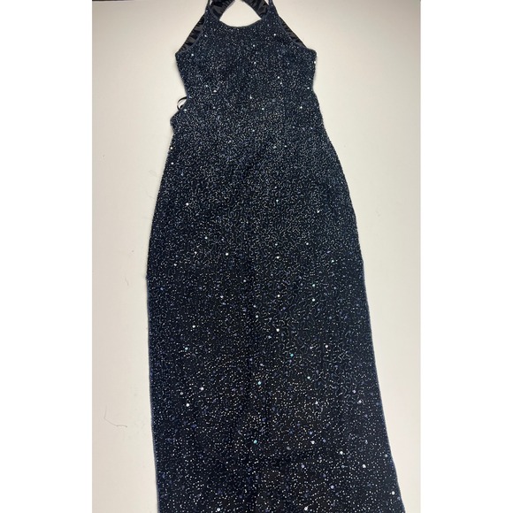 Vintage SCALA Beaded Halter Neck Evening Gown Blue 100% Silk Formal Dress Medium - Picture 5 of 17